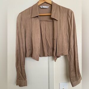 Zara Cropped Satin Button Down Shirt